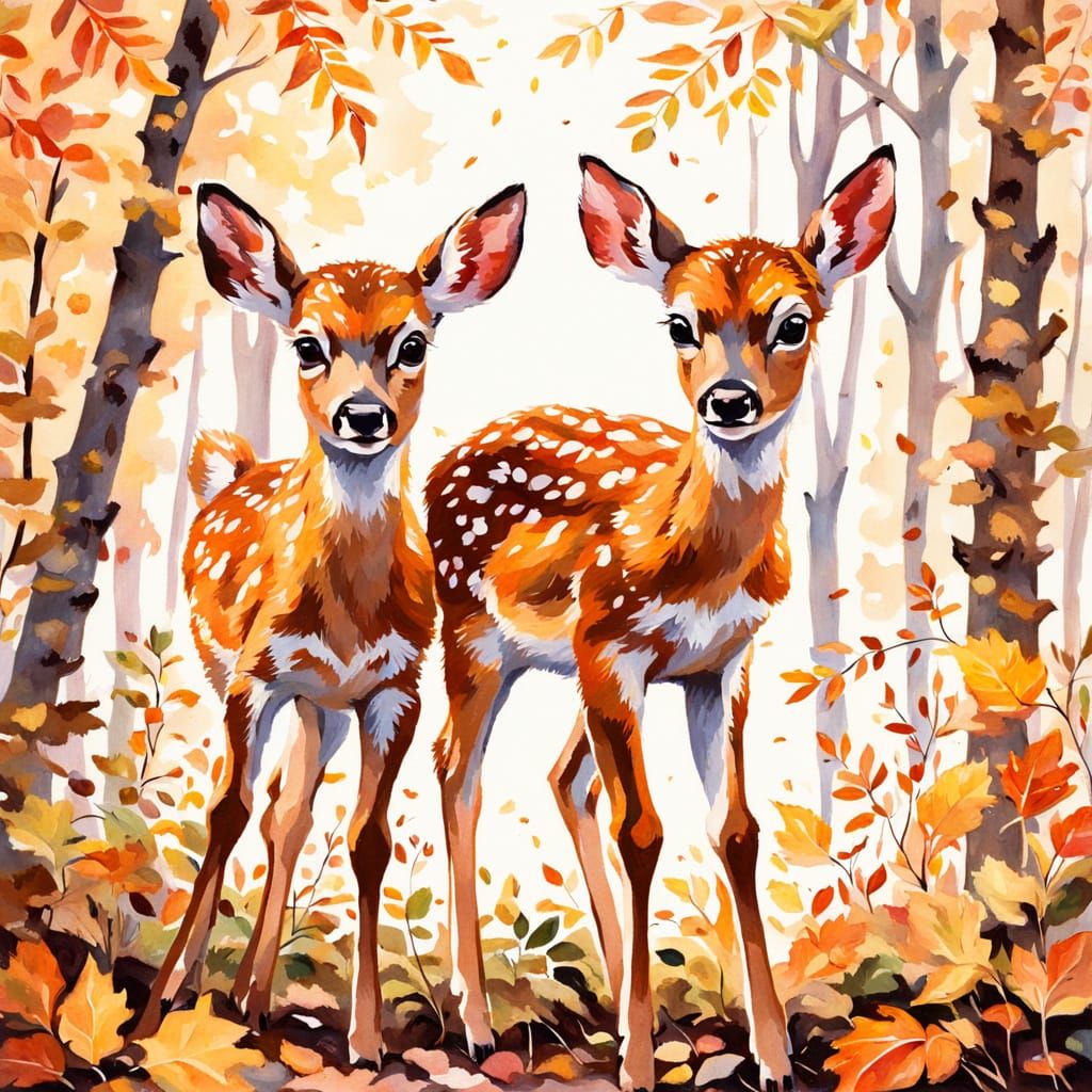 Two Cute Fawns Playing in Autumn Leaves