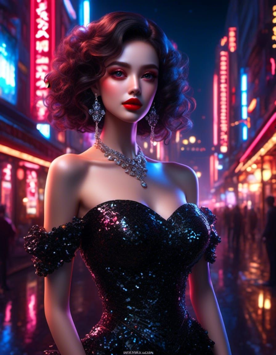 Glittering Woman in Black Dress at Night