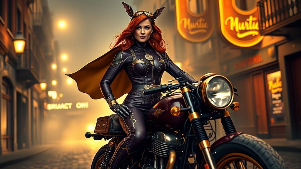 Steampunk Superheroine on Steam-Powered Motorcycle