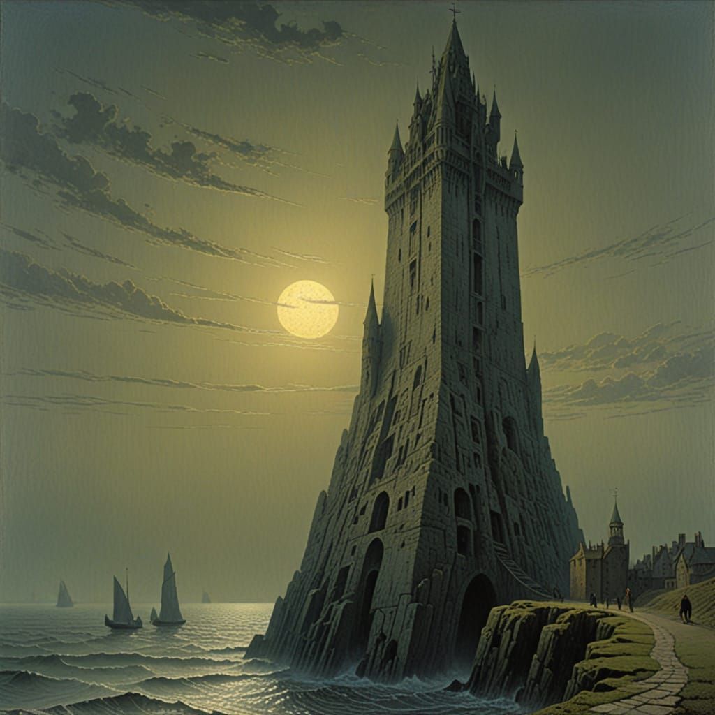 Dark Gray Tower Rises from the Ocean