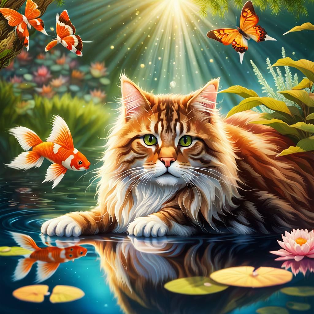 Tabby Cat Dreams by Koi Pond: Dreamy Concept Art