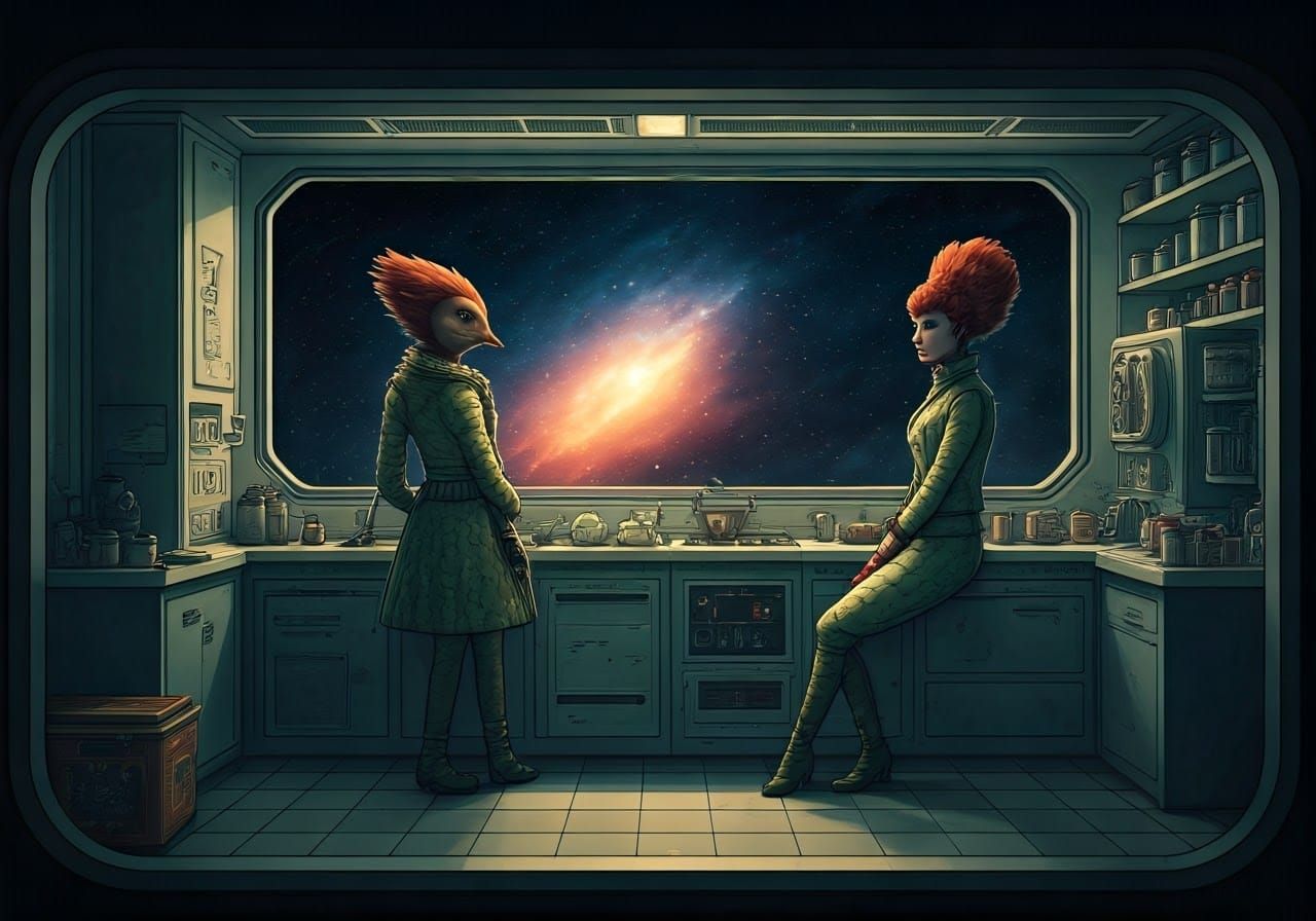 Retrofuturistic Space Kitchen with Featherish Crones