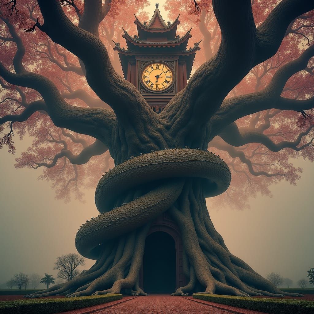 Clocktower Oak Tree with Dragon in Cinematic Style
