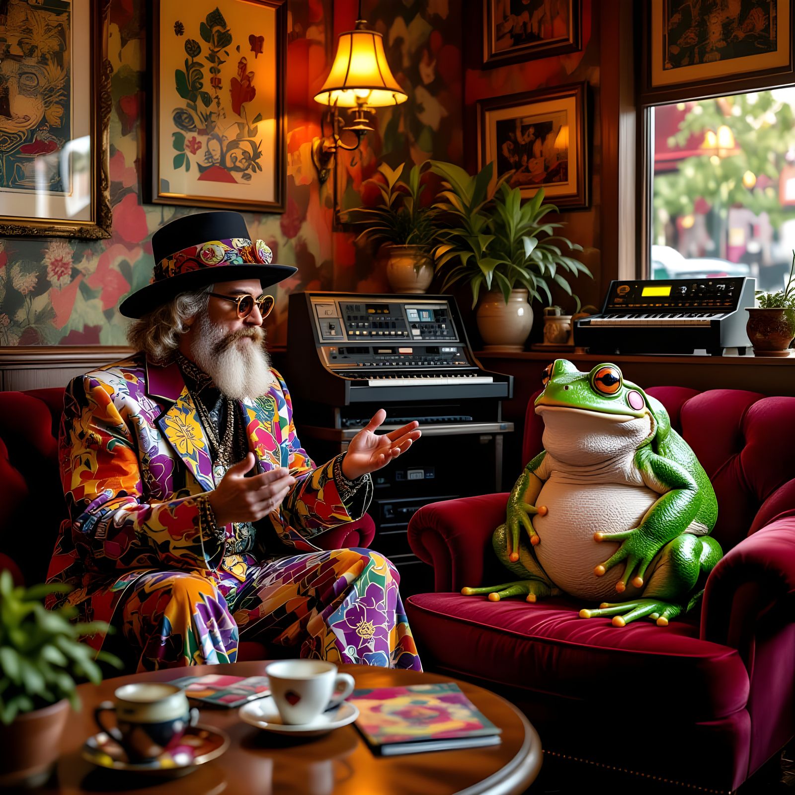 Philosophical Frog Debates Musician in Surreal Cafe