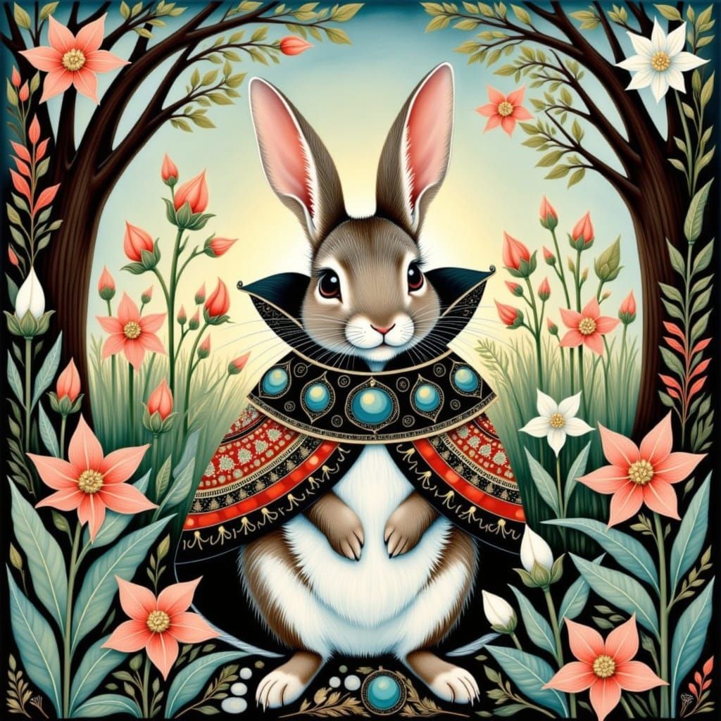 Ethereal Easter Bunny in Vibrant Scandi Folk Art Style