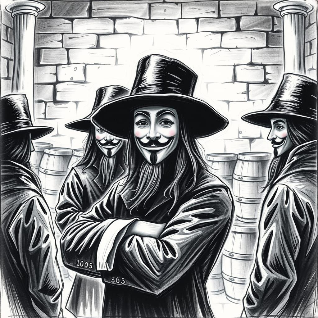 Guy Fawkes: Gunpowder Plotters in Charcoal Sketch