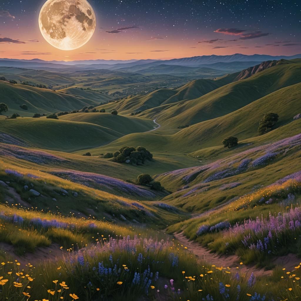 Starry Meadow Under Moonlight: Digital Matte Painting