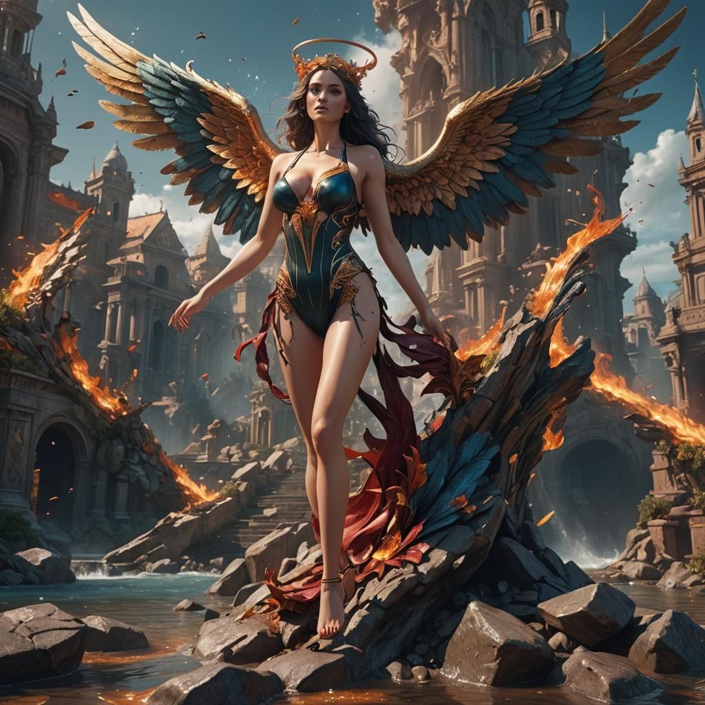 Fallen Angel in Swimsuit: Detailed Matte Painting