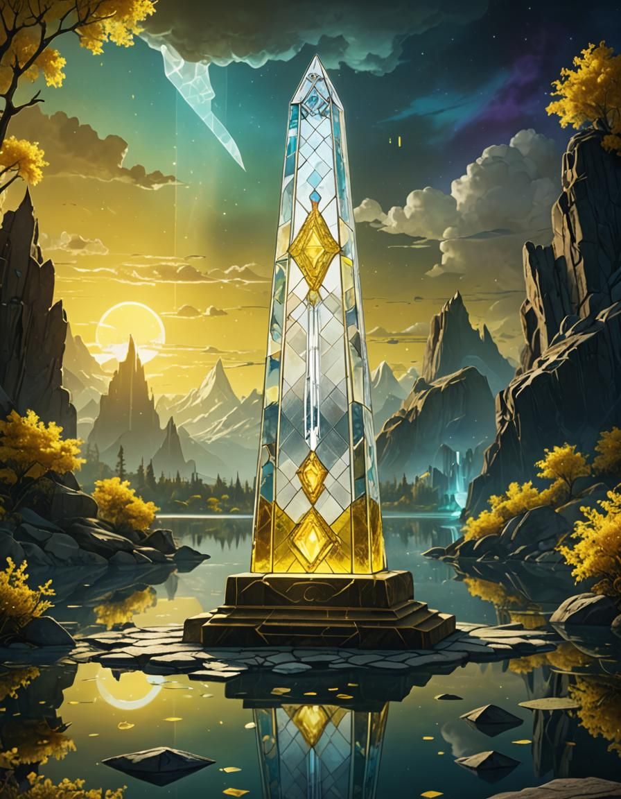 Mystical Lake Obelisk in Stained Glass Style