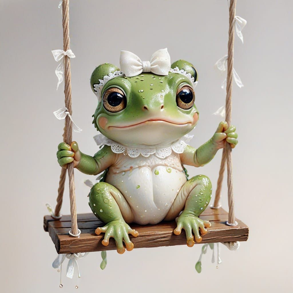 Kawaii Baby Frog on Swing Watercolor Illustration