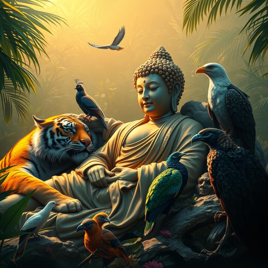Reclining Buddha in Jungle with Tiger and Birds