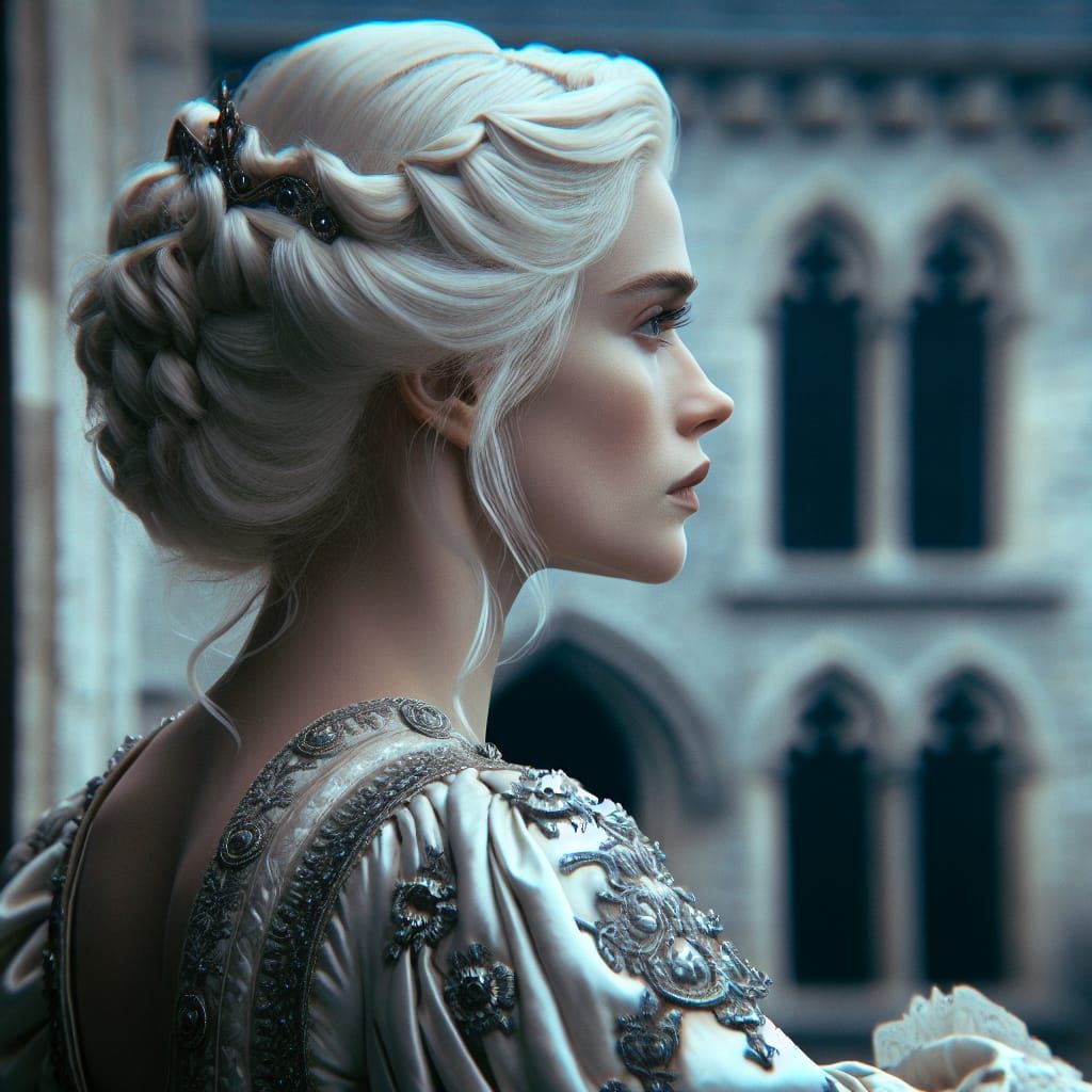 Medieval Queen with White Blonde Hair, Surveying Her Kingdom