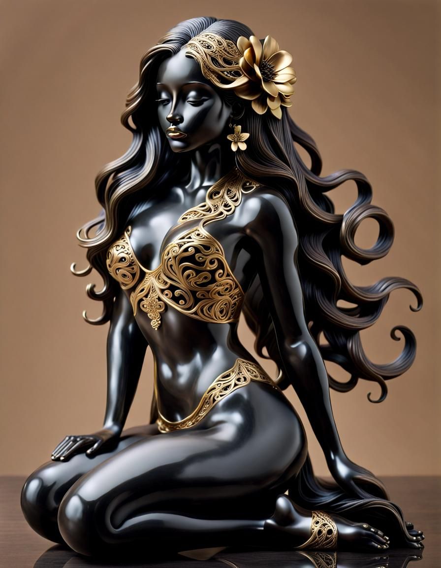 Onyx and Gold Sculpture of Elegant Woman
