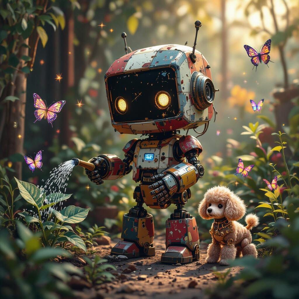 Chibi Robot Waters Fractal Plants in Cyberpunk Garden