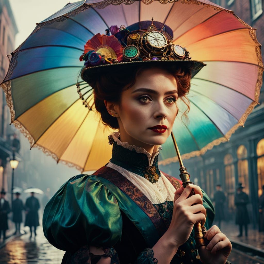 Steampunk Woman with Iridescent Parasol in London