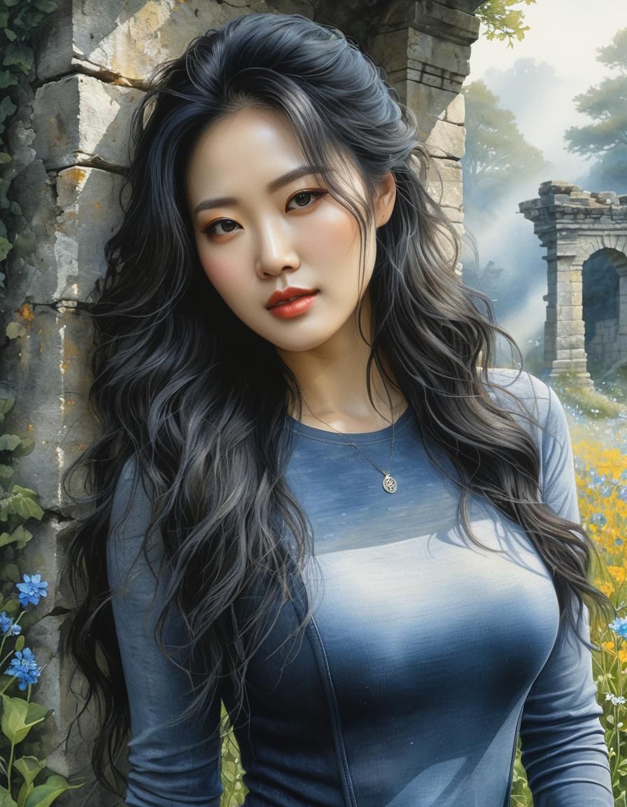 Surreal Watercolor: Korean Woman in Ruins Bathed in Sunlight