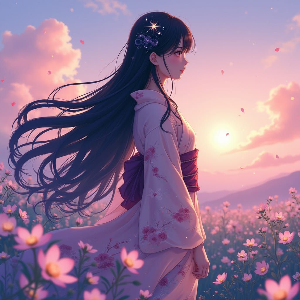 Anime Woman in Flower Field, Cel-Shaded Style