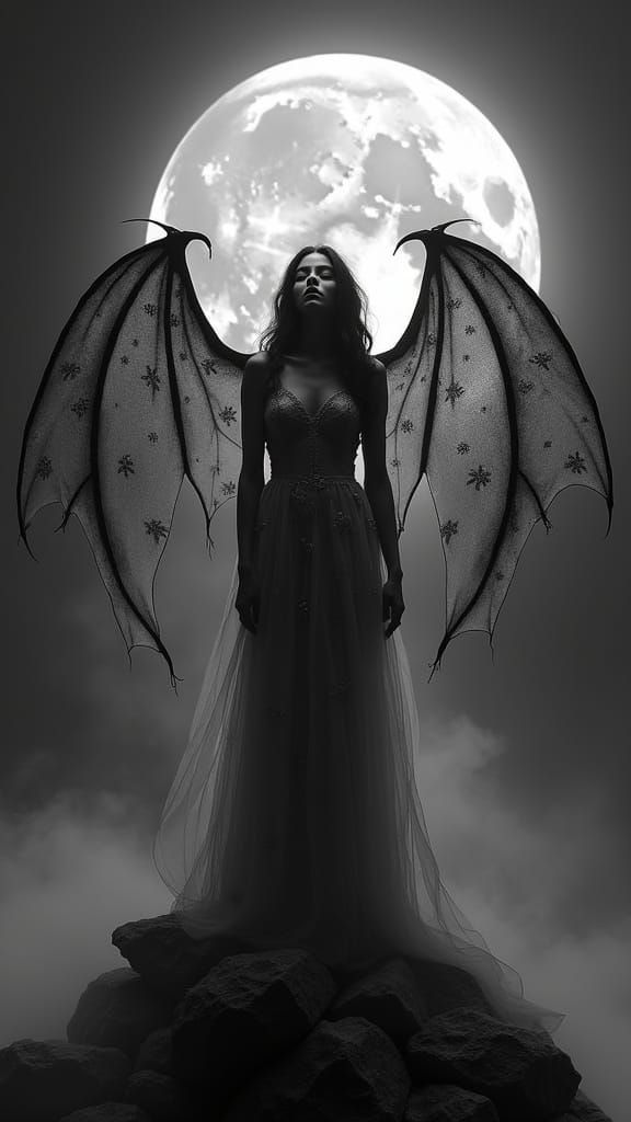 Gothic Fantasy: Winged Woman Under Crescent Moon