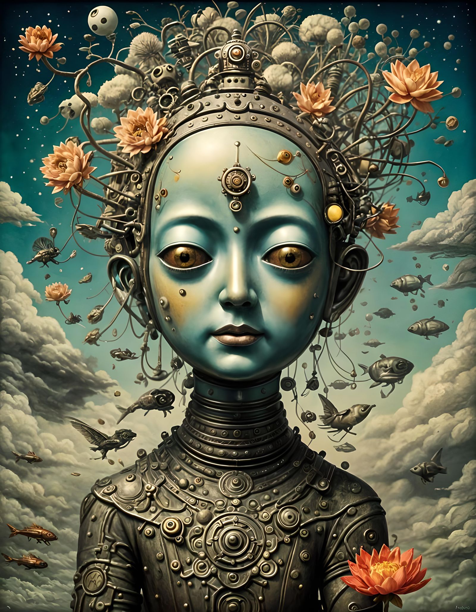 Steampunk Buddha Robot with Sushi, Surreal Art