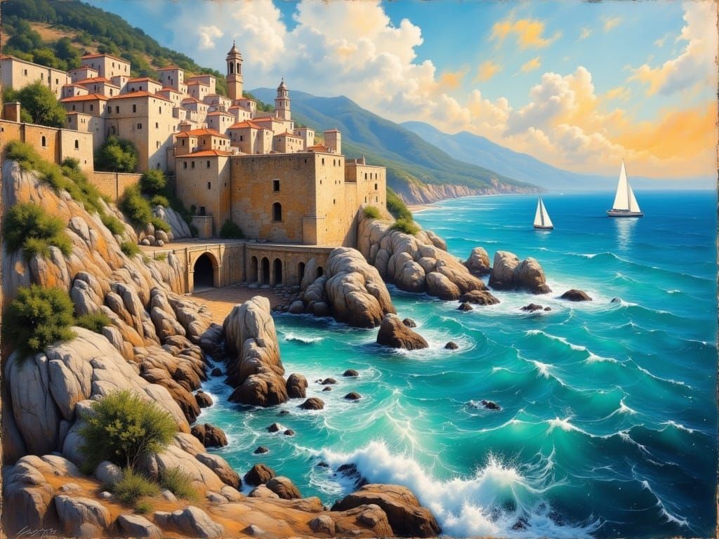 Impressionist Oil Painting of Bonifacio, Corsica, in Soft, F...