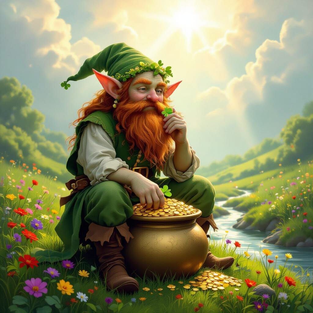 Irish Goblin with Gold and Clover in Ethereal Landscape