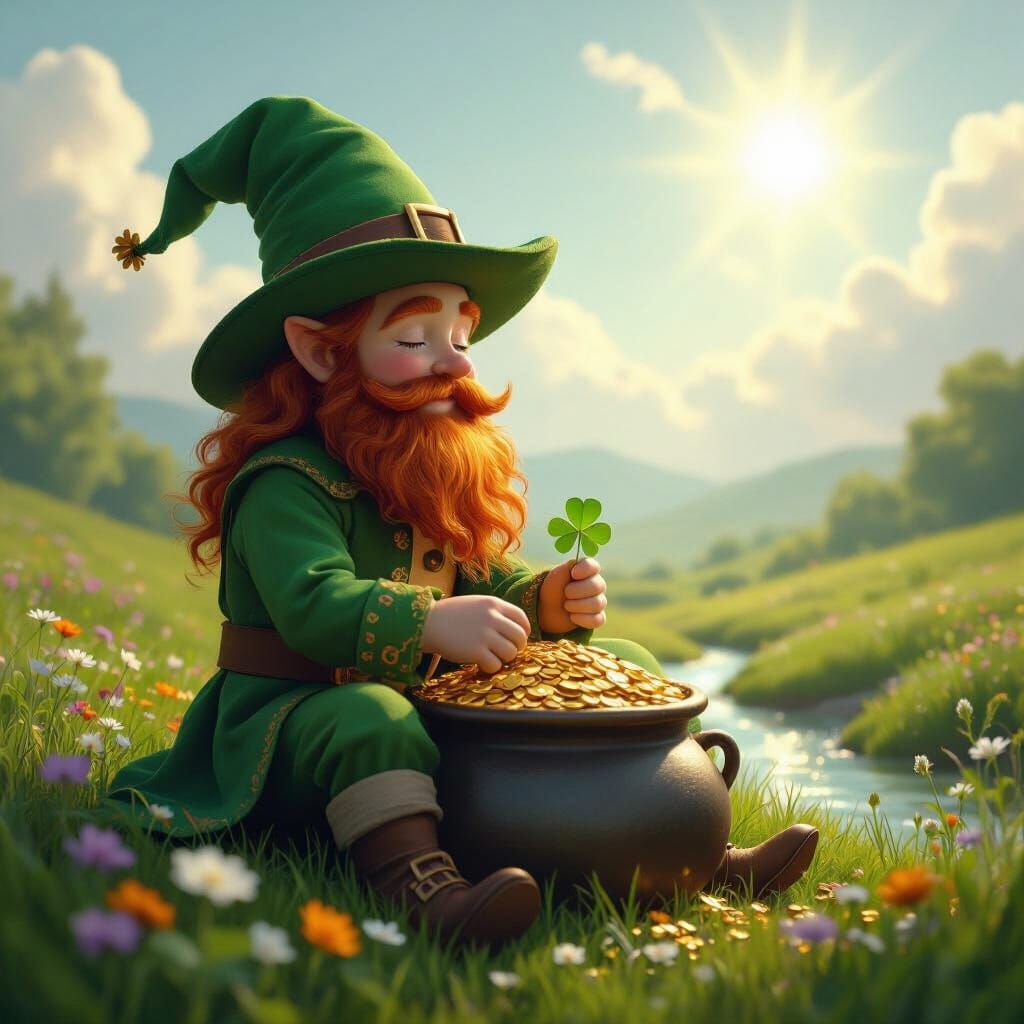 Peaceful Leprechaun with Gold and Clover in Lush Landscape