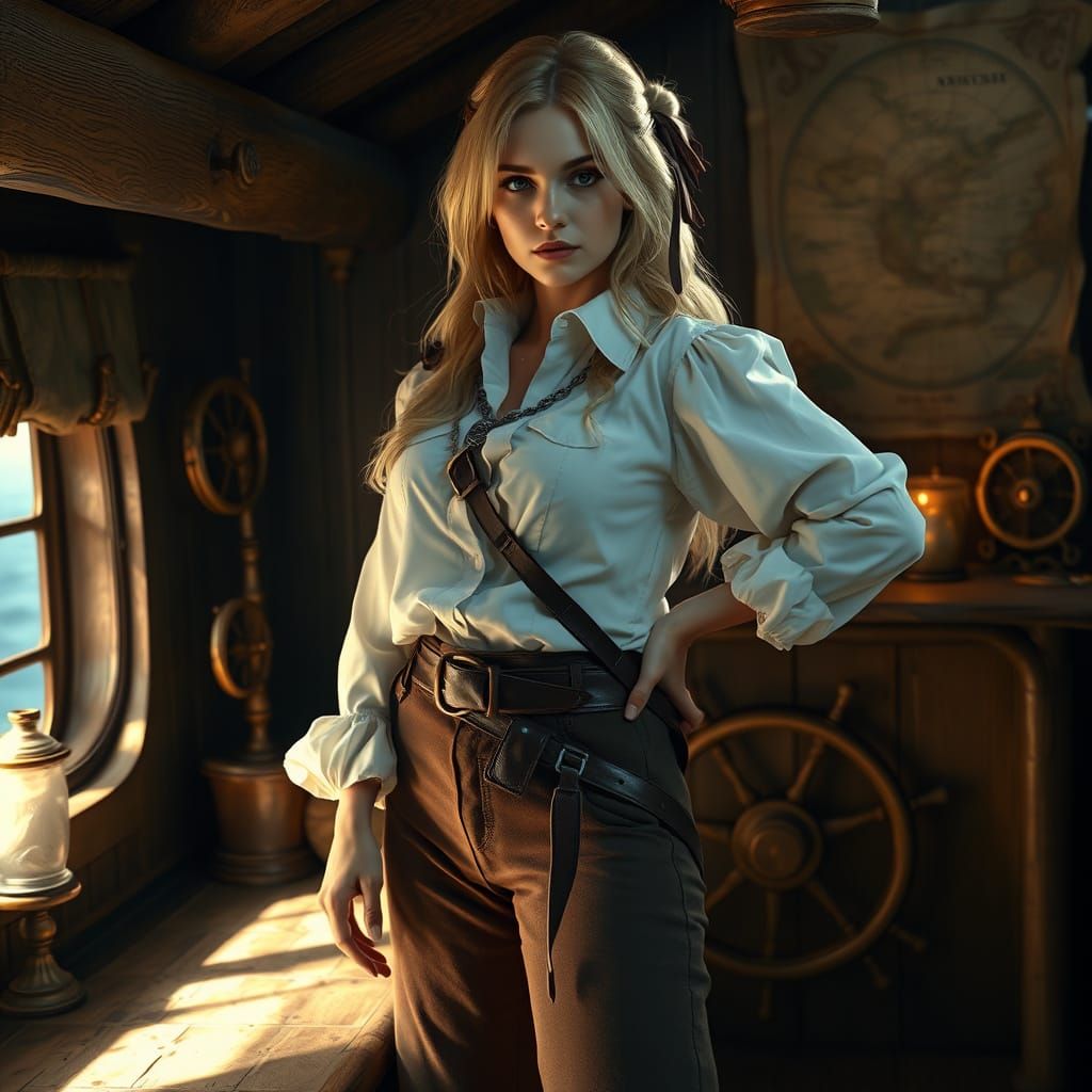 Confident Blond Pirate in Ship's Cabin: Painterly Style