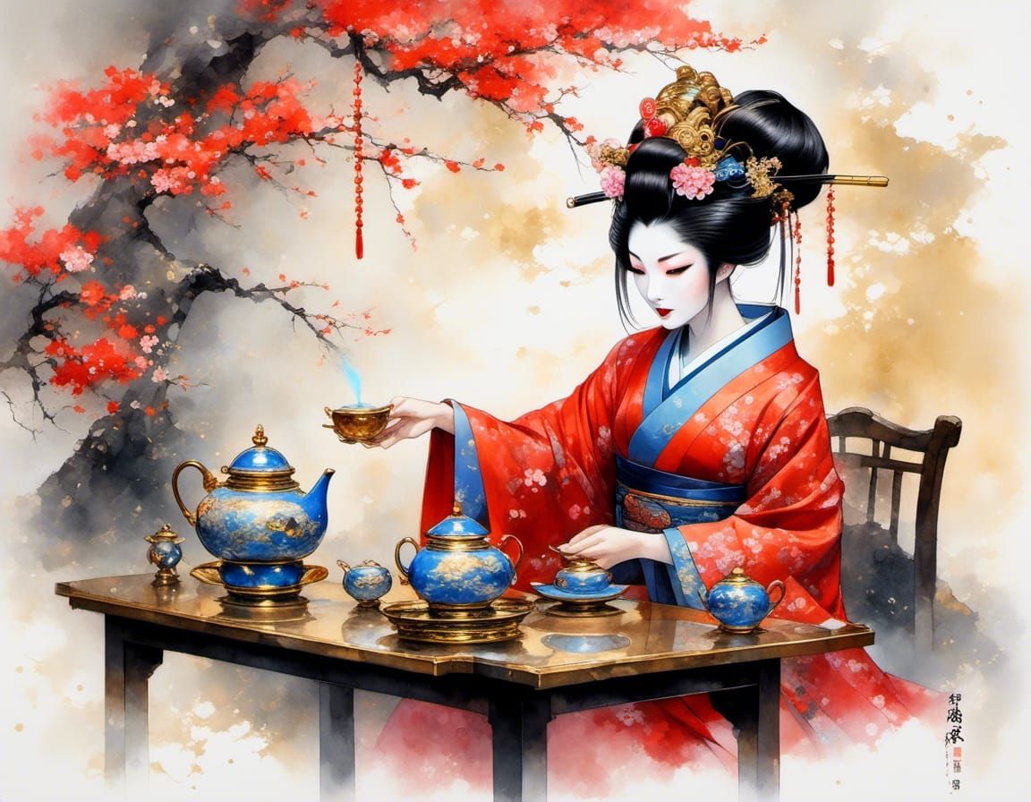 Geisha Pouring Tea in Digital Art Style