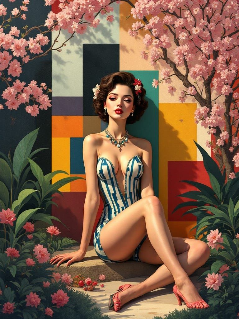 Surreal Fusion: Mondrian Figure in Rousseau Paradise