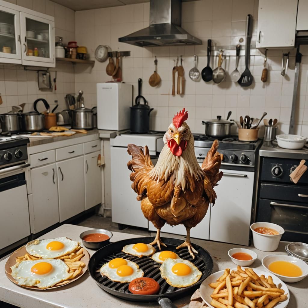 Sad Chicken Cooks Eggs: Humorous AI Art