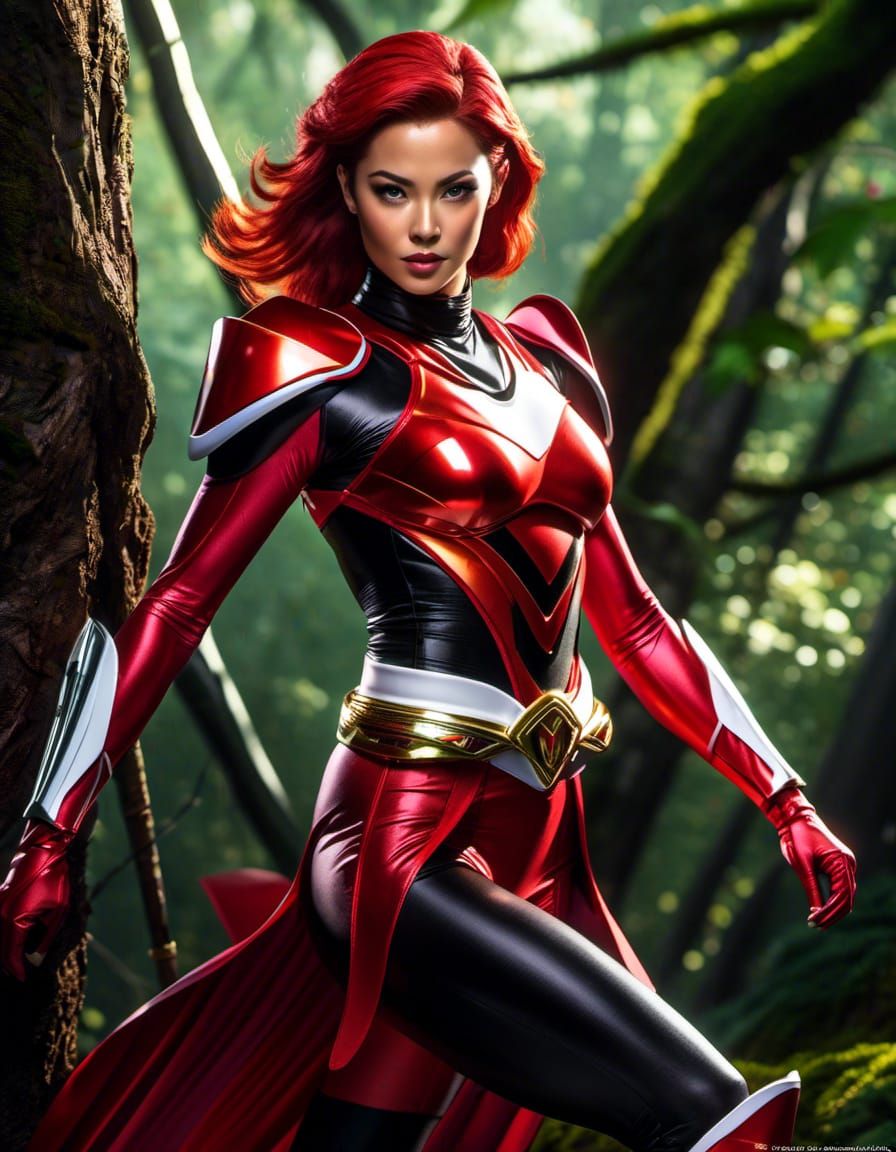 Female Red Power Ranger Soaring Through Forest