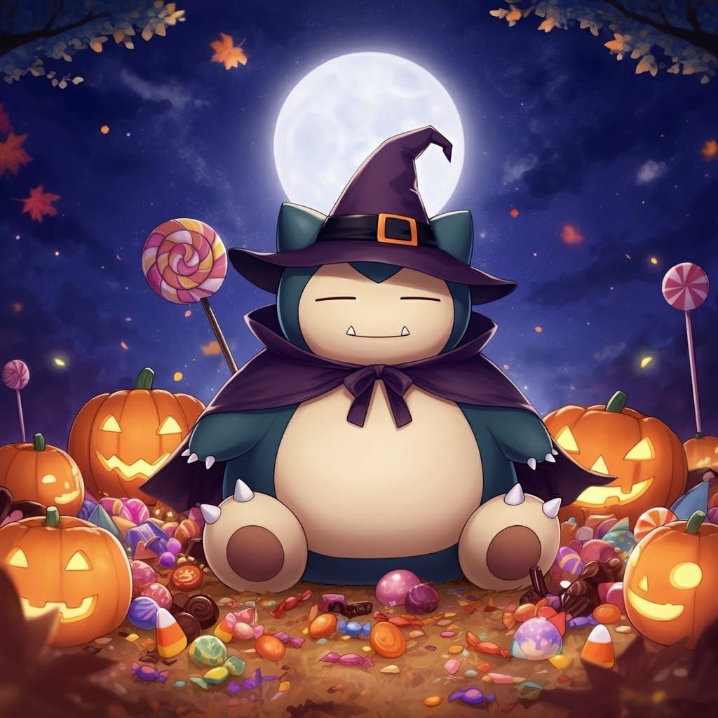 Snorlax Celebrates Halloween Under Starry Sky