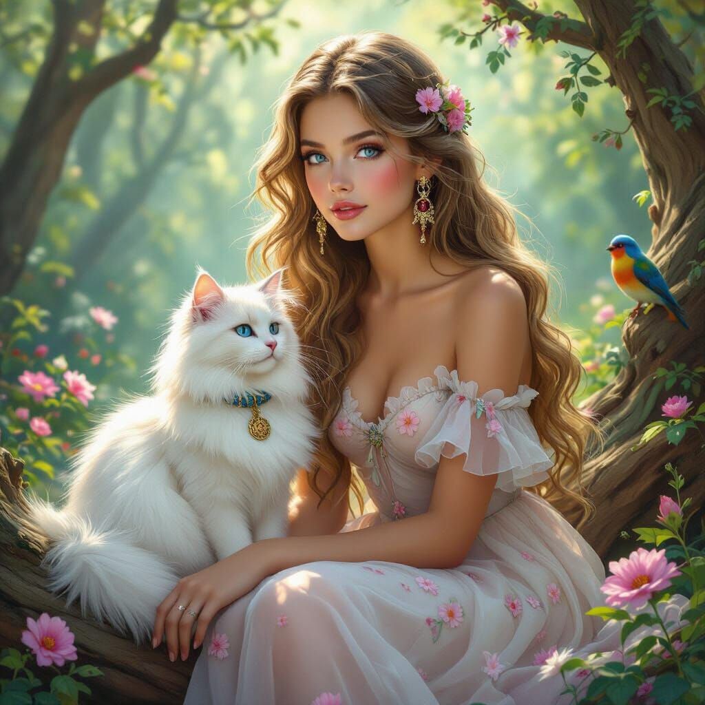 Ethereal Forest Scene with Woman, Cat, and Flowers