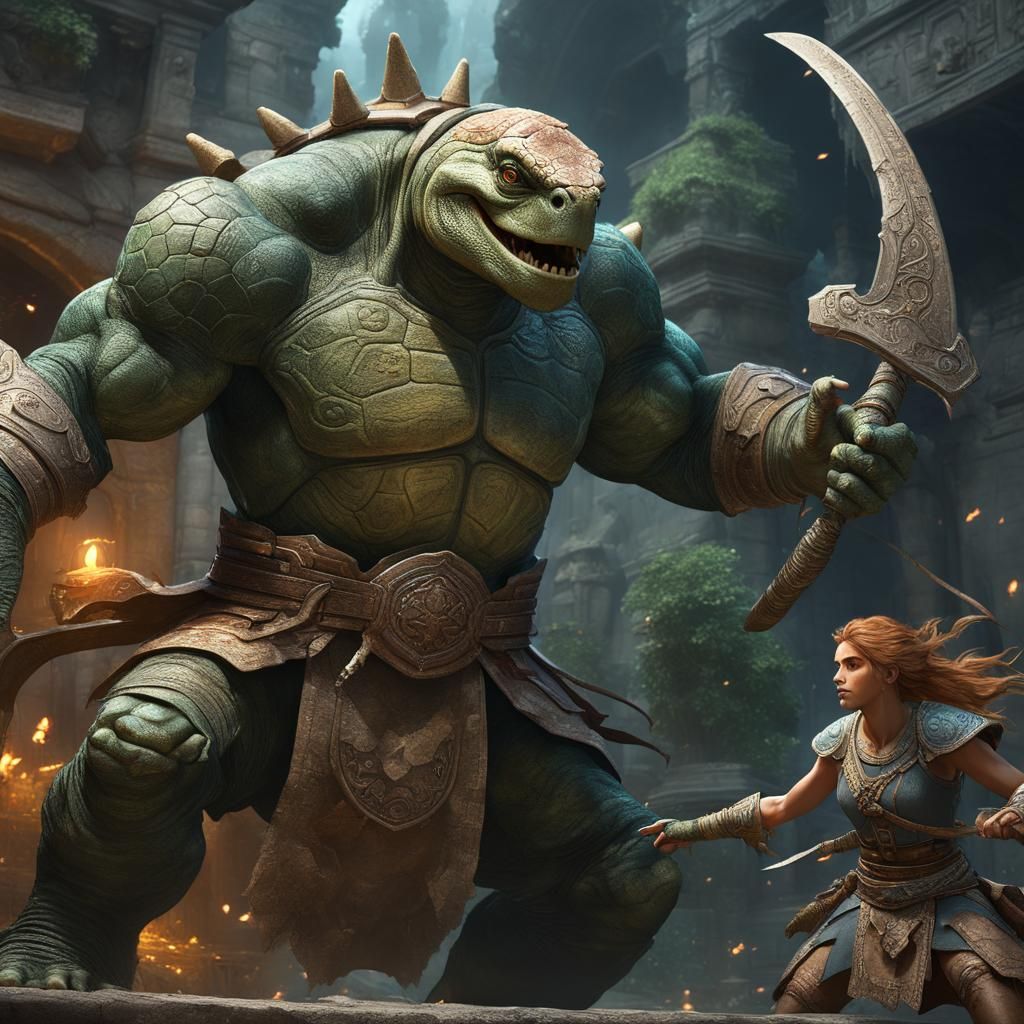 Blonde Warrior Battles Minotaurs in Dark Fantasy Art