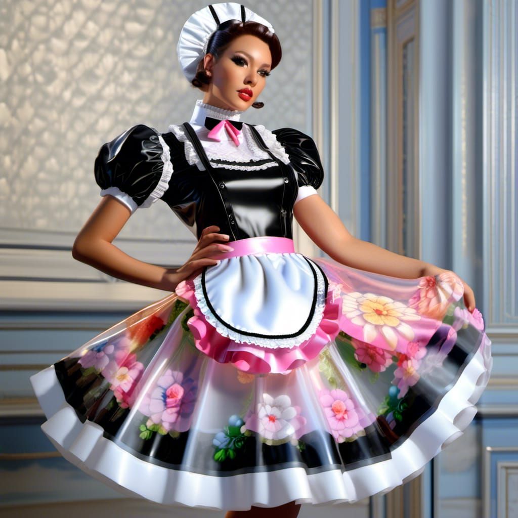 See-Through Latex French Maid Dress with Flowers