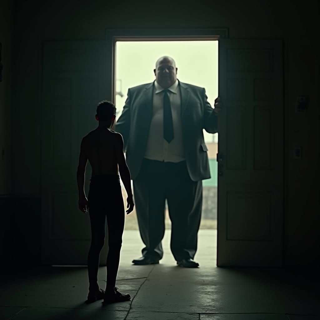 Dramatic Encounter: Imposing Figure in a Doorway