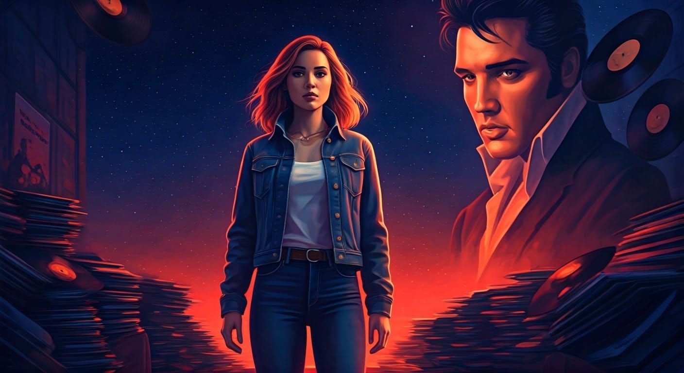 Nostalgic Dreamscape with Determined Woman and Elvis