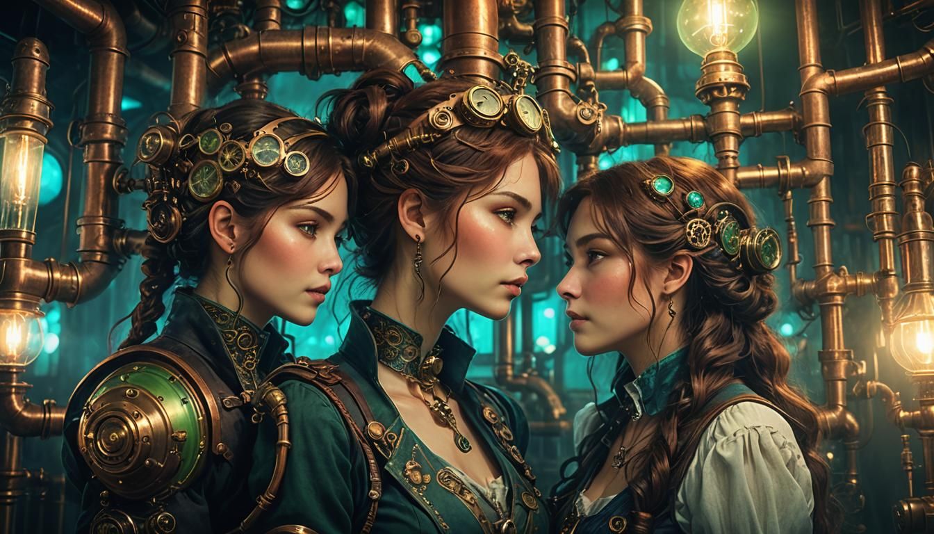 Romantic Steampunk Embrace in Misty, Glowing Room