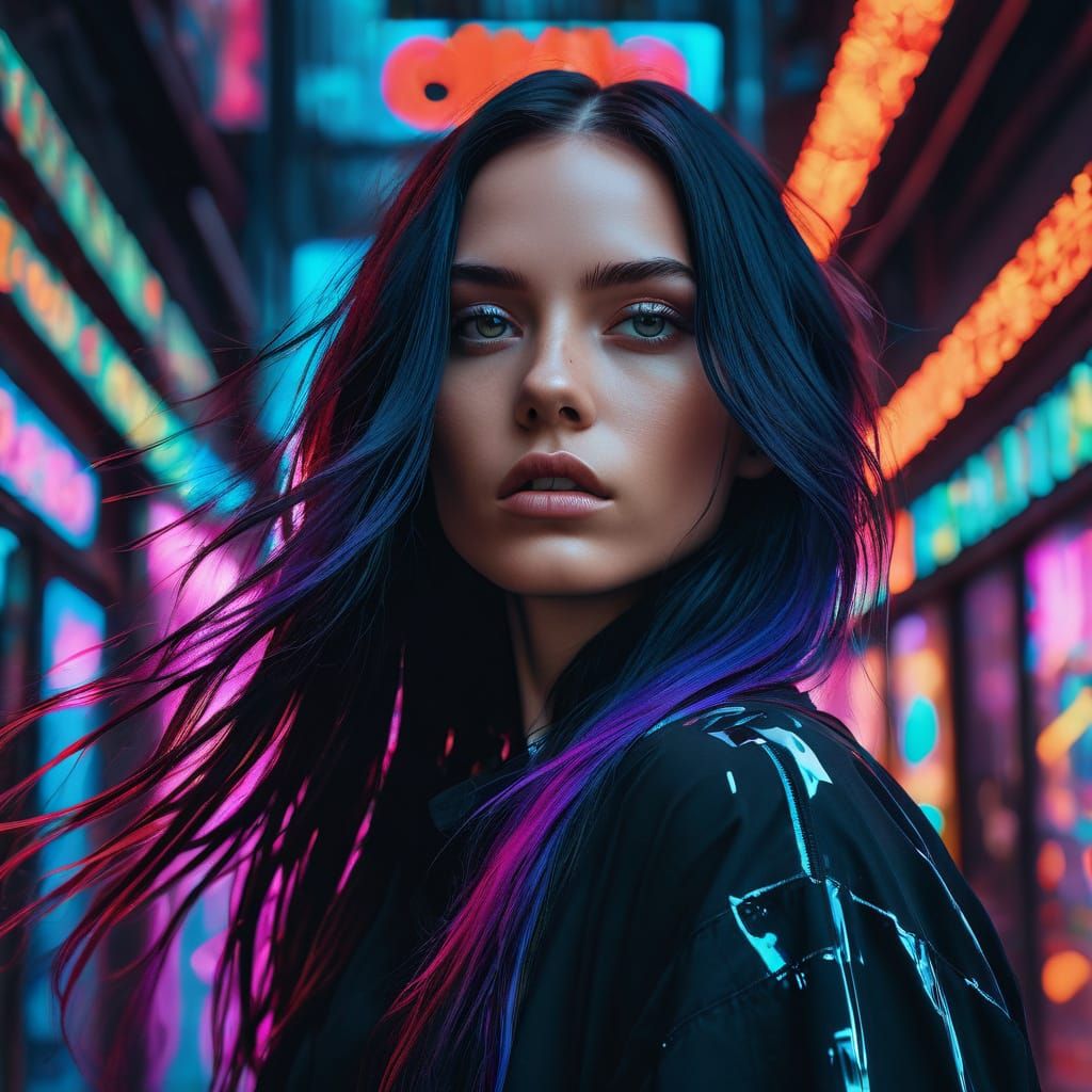 Gothic Woman in Vibrant Glitchcore Wonderland