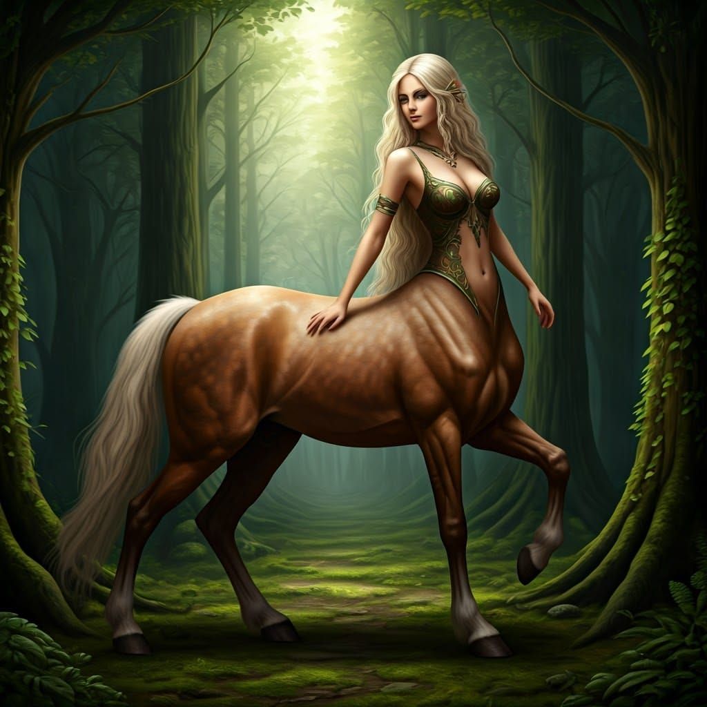 Centaur Woman in Fantasy Green Woods