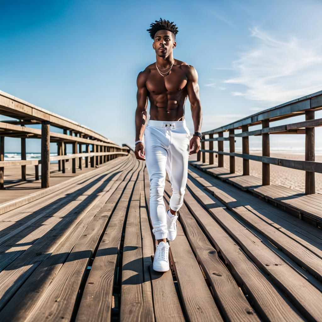Shirtless Man Walking on Beach Boardwalk