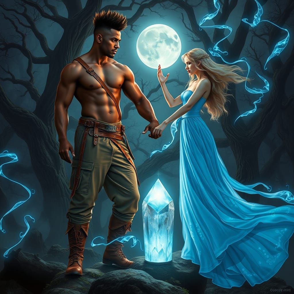 Mystical Moonlit Forest Couple Embracing Ethereal Energy