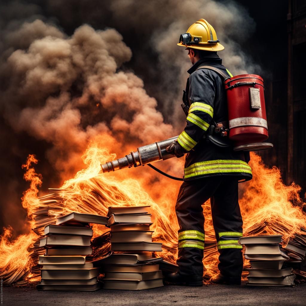 Fireman Burning Books with Flamethrower in HDR