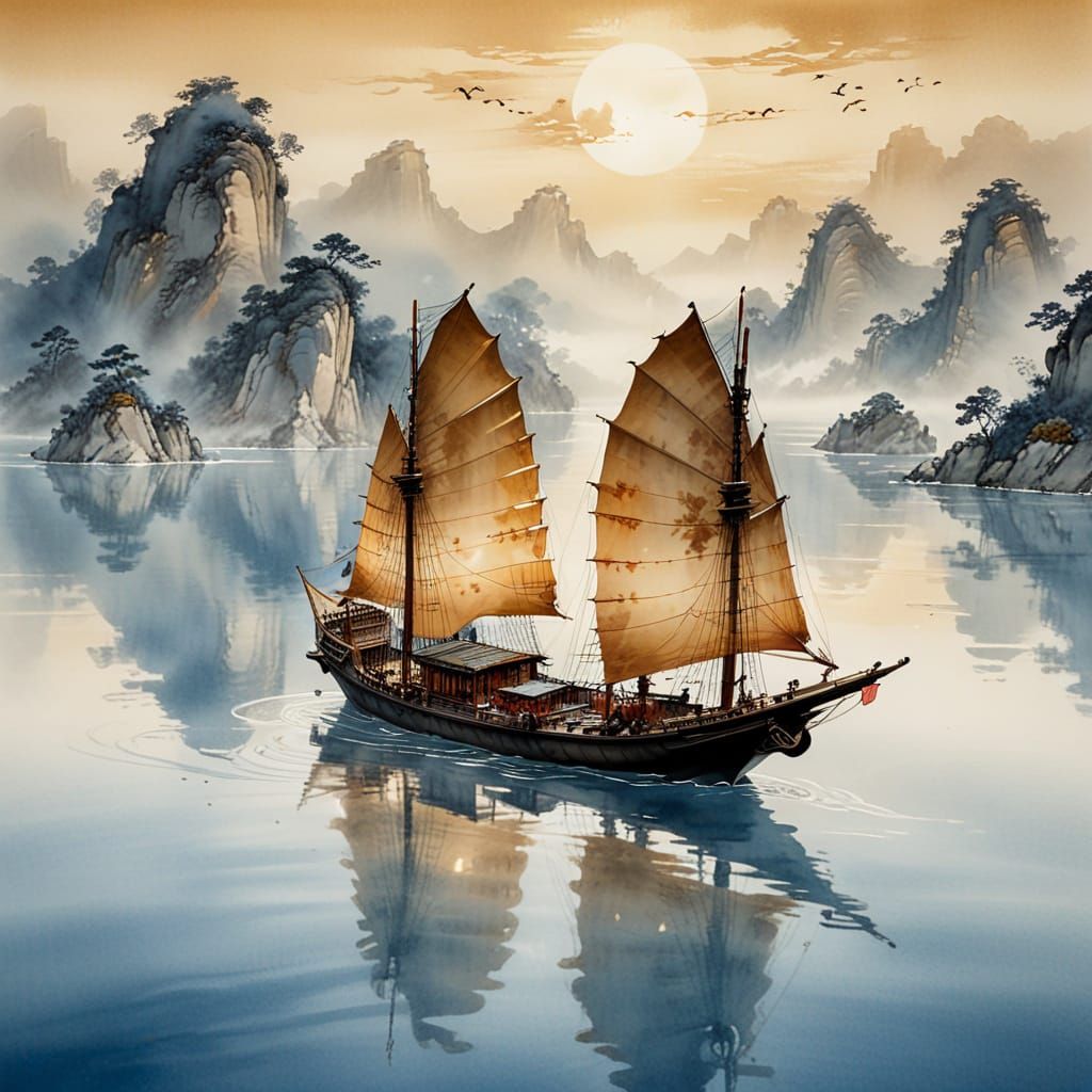 Majestic Chinese Junk in Traditional Ink Wash Style