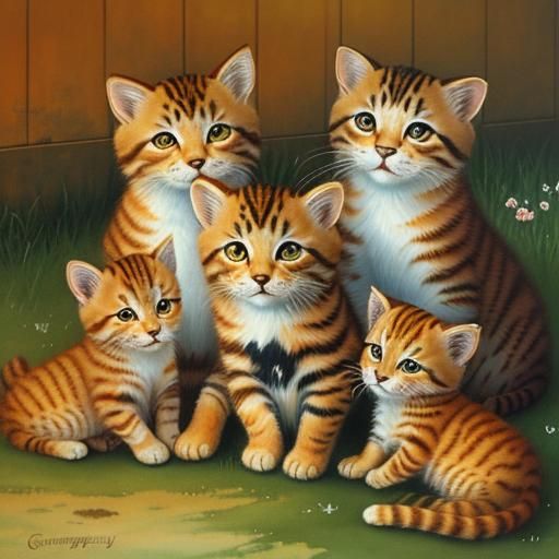 Watercolor Cat Family in Oil Painting Style