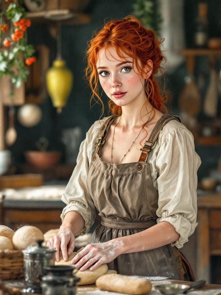 Redhead Baker Kneading Dough, Art Nouveau Style