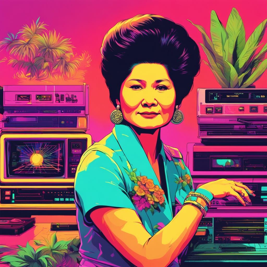 Neon Retro Portrait of Imelda Marcos in Synthwave Style