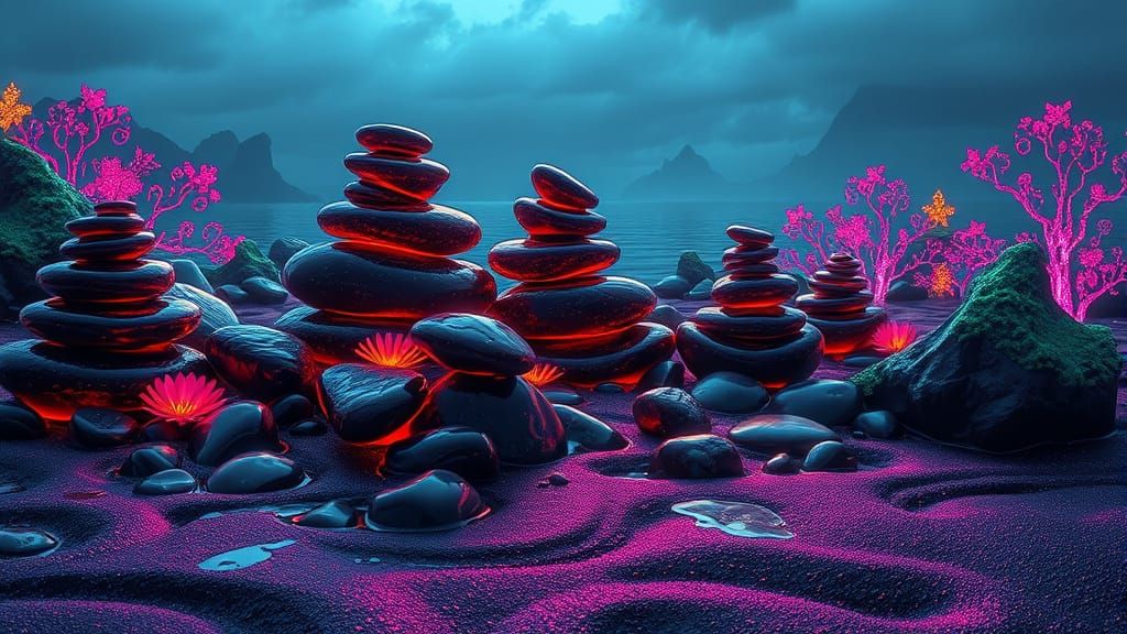 Mystical Rocks with Neon Flora in Surreal Style