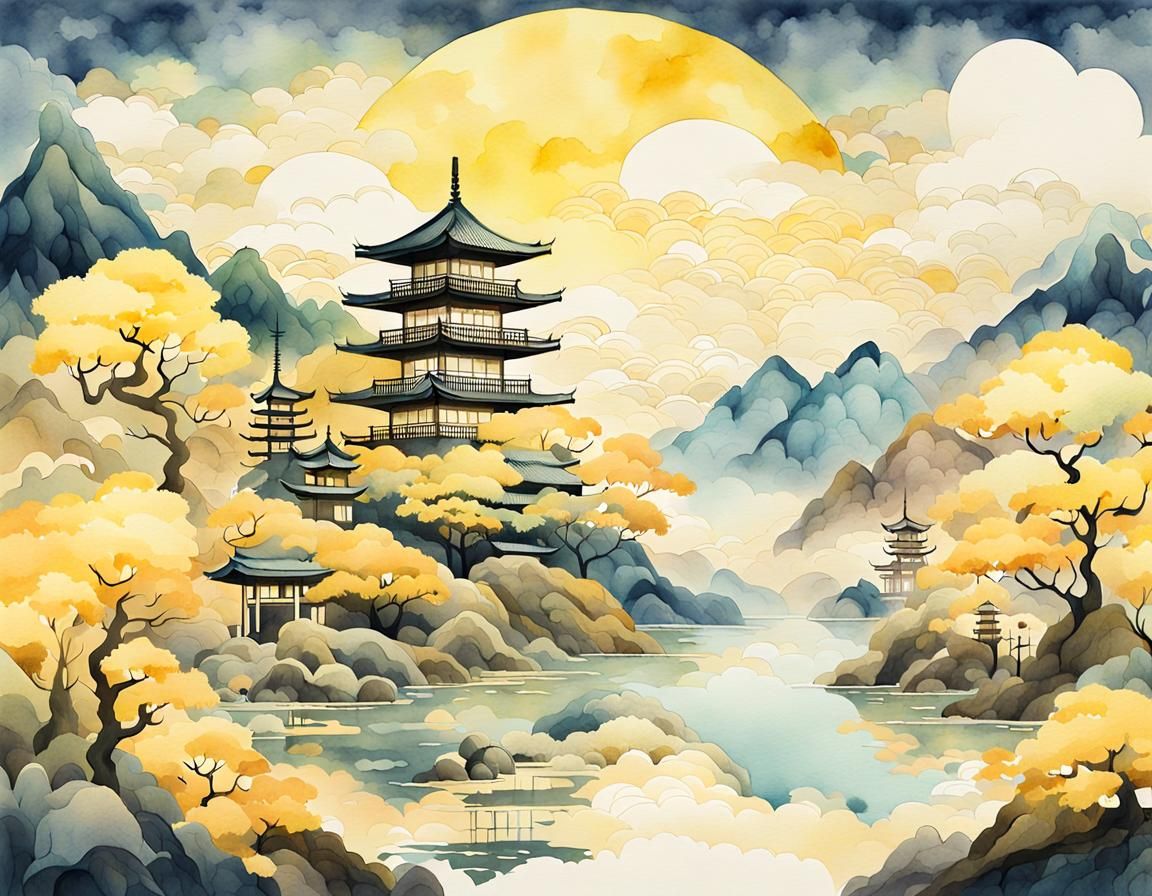 Dreamy Japanese Landscape in Watercolor