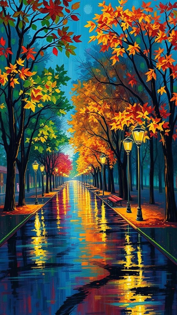 Rainy Park at Night in Expressionist Impasto Style